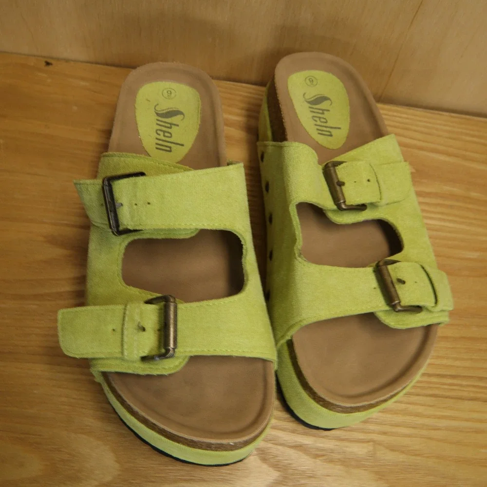 Shein Lime Green Faux Suede Platform Sandals Studded Double Strap Slides Size 9